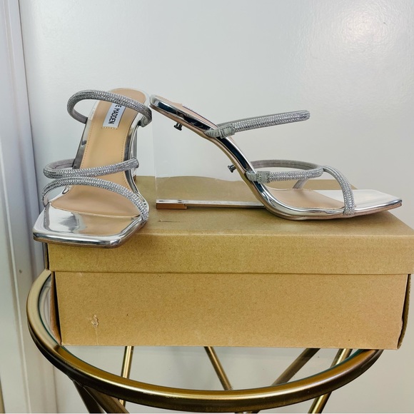 New Steve Madden Sauté-R Rhinestone Lucite Clear Wedge Heel Sandal 9 Silver - Picture 5 of 11